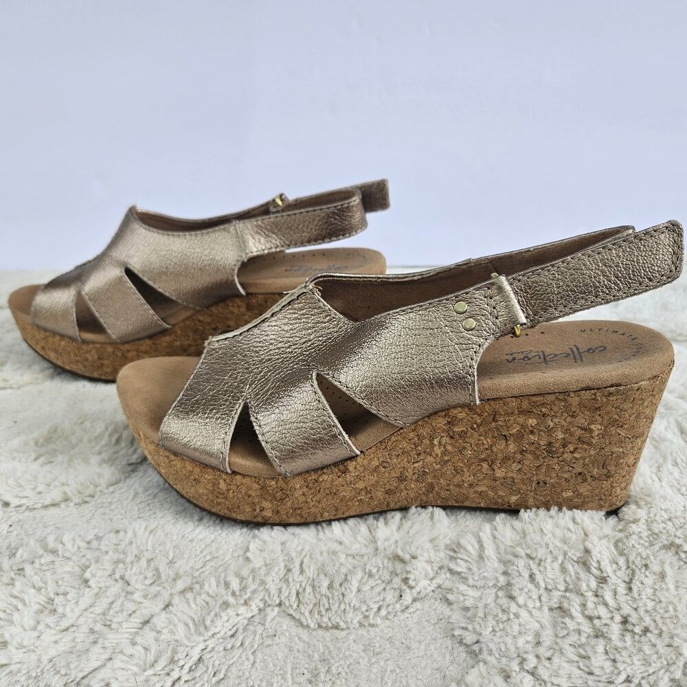 Clarks Womens Gold Leather Metallic  Slingback Platform Sandals Sz 10 Cork Wedge